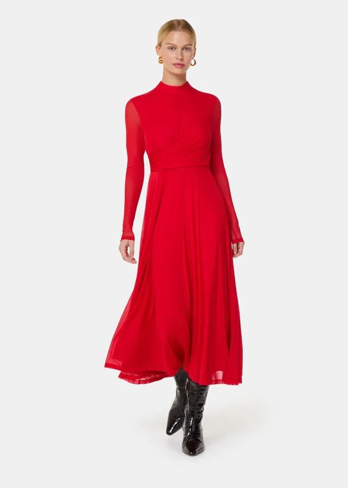 Red Arabella Ruched Mesh Dress Women Whistles Dresses