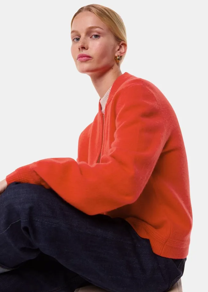 Red Zip Front Bomber Knit Women Whistles Knitwear and Cashmere