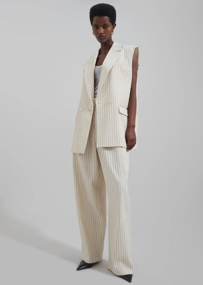 Ripley Pleated Twill Trousers 8211 Light BeigeBlack Pinstripe Women The Frankie Shop Clothing