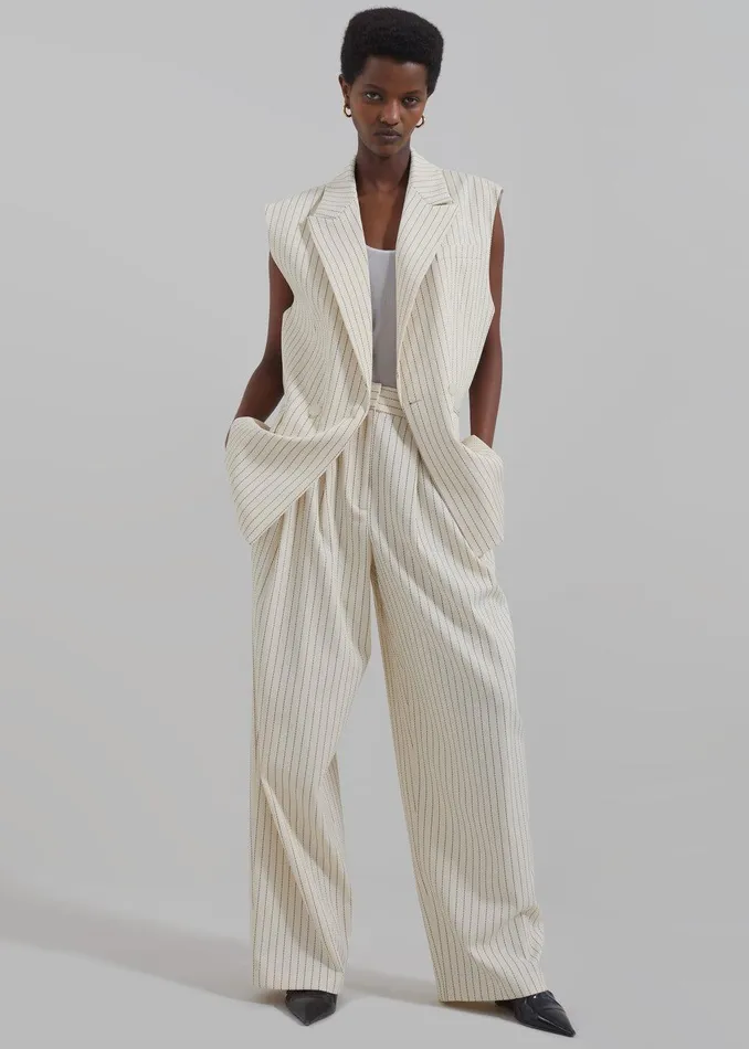 Ripley Pleated Twill Trousers 8211 Light BeigeBlack Pinstripe Women The Frankie Shop Clothing