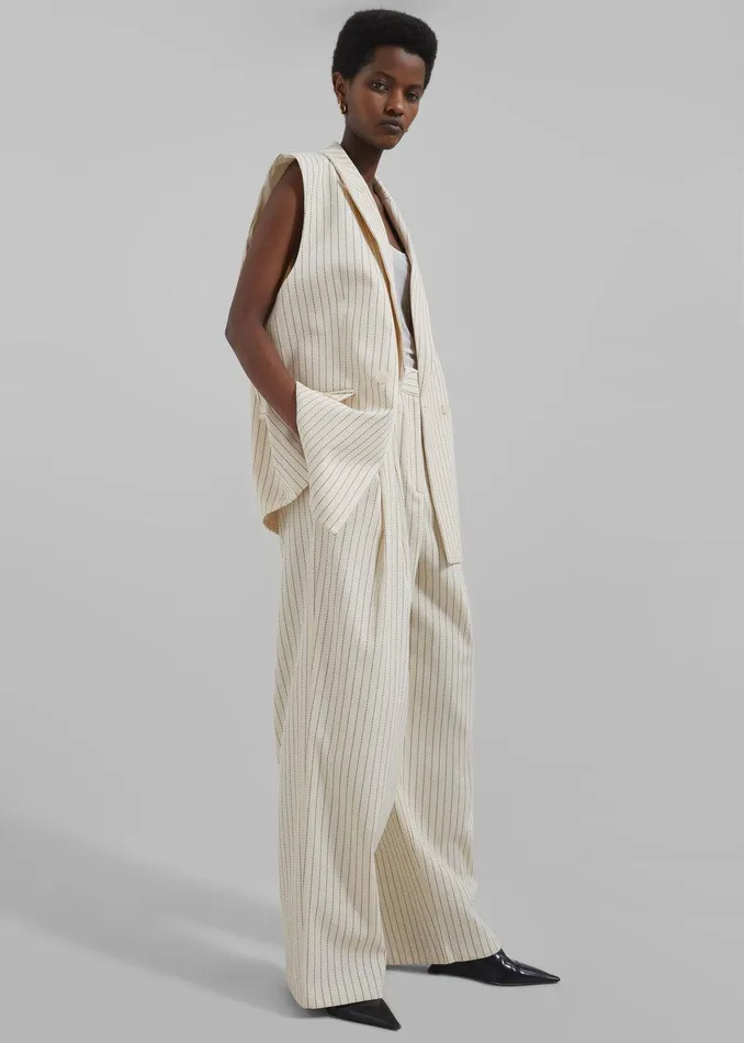Ripley Pleated Twill Trousers 8211 Light BeigeBlack Pinstripe Women The Frankie Shop Clothing