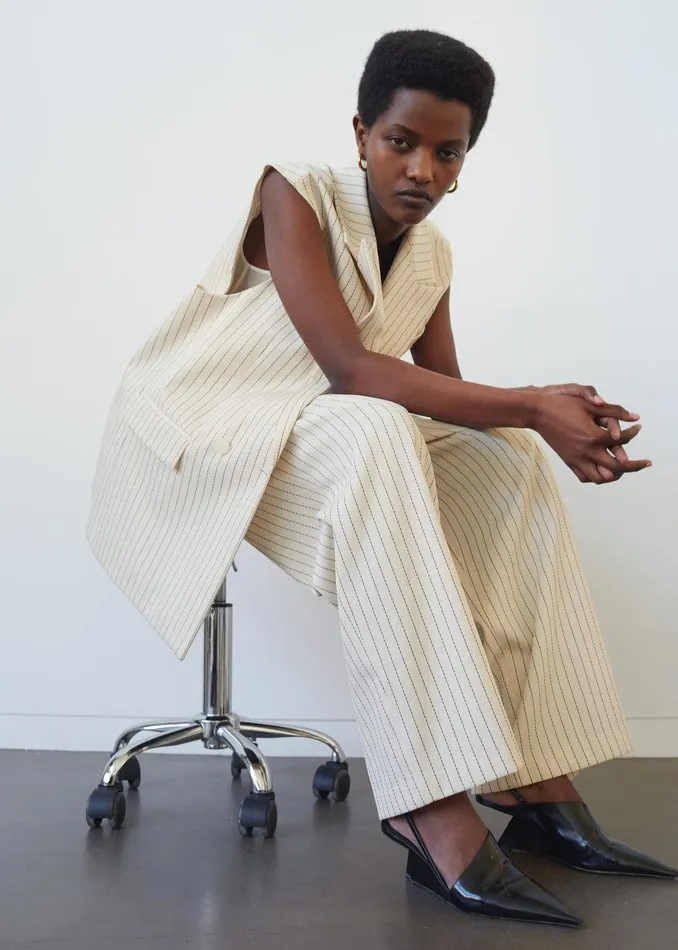 Ripley Pleated Twill Trousers 8211 Light BeigeBlack Pinstripe Women The Frankie Shop Clothing