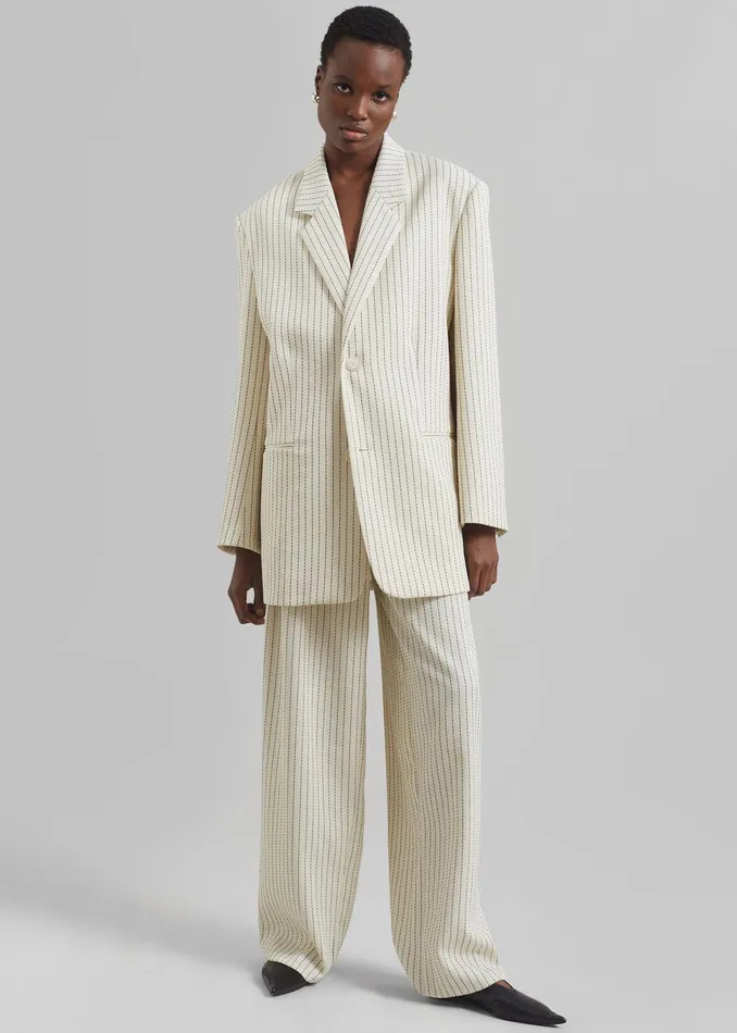 Ripley Pleated Twill Trousers 8211 Light BeigeBlack Pinstripe Women The Frankie Shop Clothing