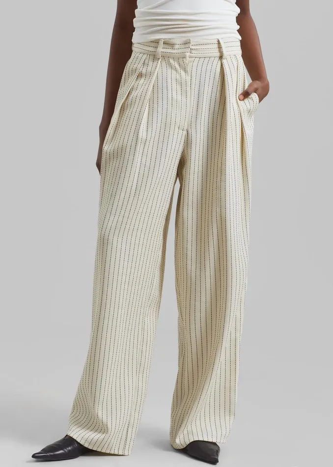 Ripley Pleated Twill Trousers 8211 Light BeigeBlack Pinstripe Women The Frankie Shop Clothing