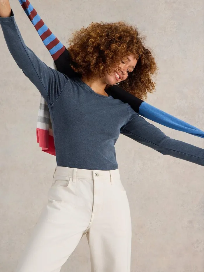 SADIE LONG SLEEVE RIB TEE Mid Blue Women White Stuff Tops and Tees