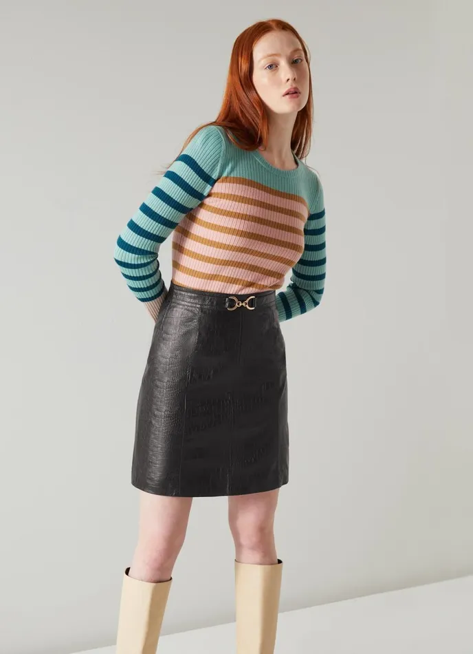 Skirts Women LKBennett Aubree Black CrocEmbossed Leather ALine Skirt Black