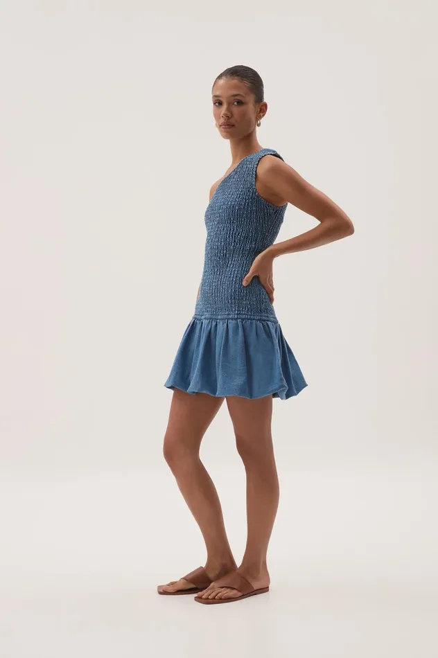 Sunray One Shoulder Mini Dress Blue Wash Women Aje Dresses Sunray One Shoulder Mini Dress Blue Wash Women Aje Dresses