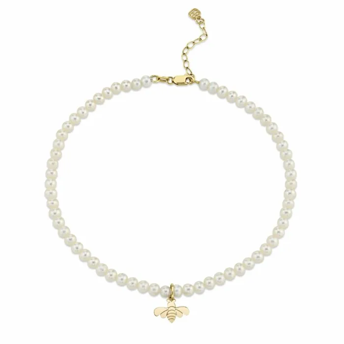 Sydney Evan Anklets Pure Gold Tiny Bee Anklet On Fresh Water Pearls 8211 Women