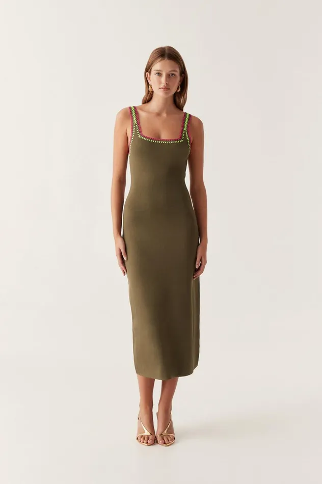 Tazia Crochet Edge Midi Dress Deep Olive Women Aje Dresses