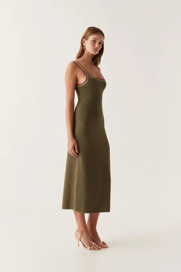 Tazia Crochet Edge Midi Dress Deep Olive Women Aje Dresses Tazia Crochet Edge Midi Dress Deep Olive Women Aje Dresses