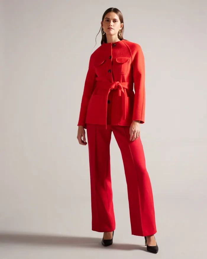 Ted Baker Coats and Jackets Women LESLIIY 8211 Round Neck Short Coat With Waist Belt Red Ted Baker Coats and Jackets Women LESLIIY 8211 Round Neck Short Coat With Waist Belt Red
