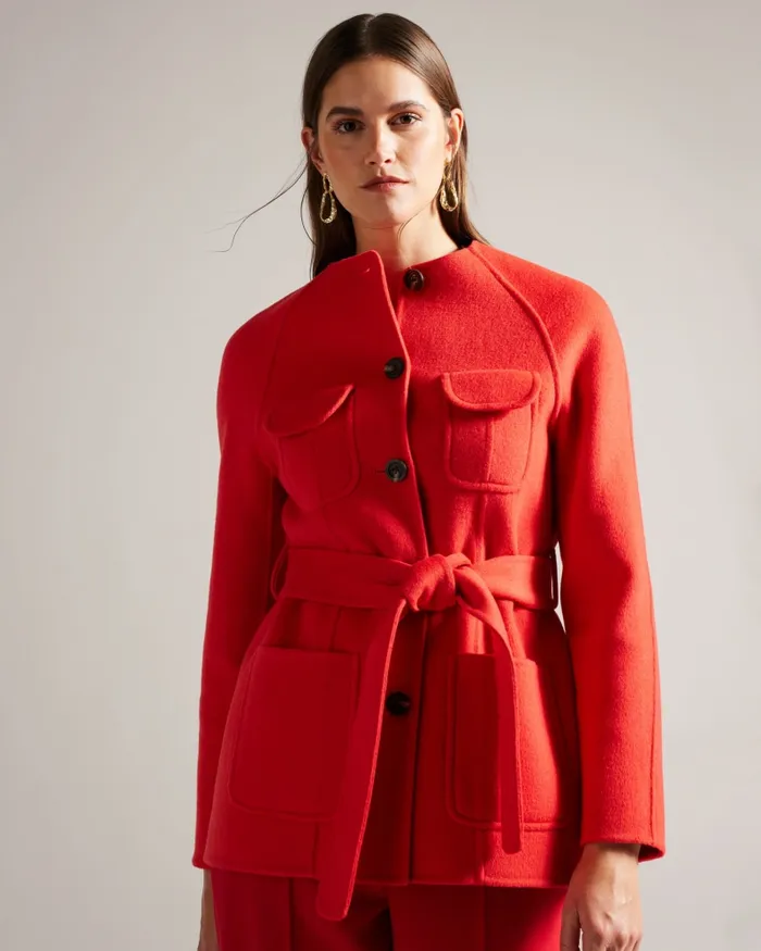 Ted Baker Coats and Jackets Women LESLIIY 8211 Round Neck Short Coat With Waist Belt Red Ted Baker Coats and Jackets Women LESLIIY 8211 Round Neck Short Coat With Waist Belt Red