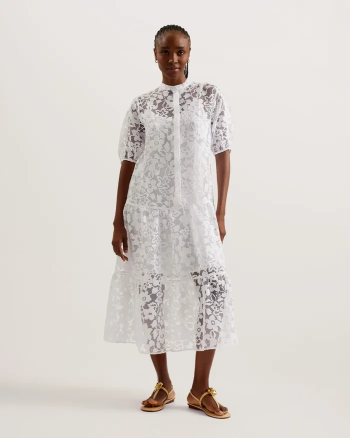 Ted Baker Dresses Women CLAAREY 8211 Tiered Devor Midi Dress White Ted Baker Dresses Women CLAAREY 8211 Tiered Devor Midi Dress White