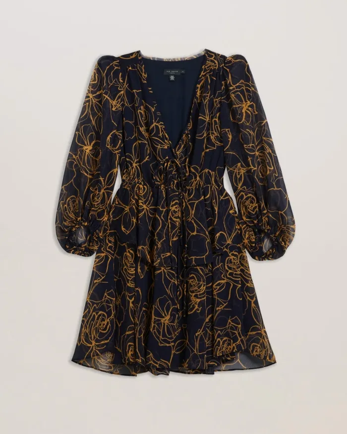 Ted Baker Dresses Women KUMIKO 8211 Printed Tie Front Tiered Mini Dress Navy