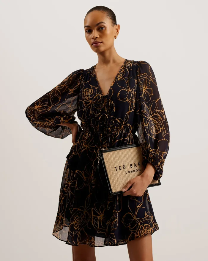 Ted Baker Dresses Women KUMIKO 8211 Printed Tie Front Tiered Mini Dress Navy Ted Baker Dresses Women KUMIKO 8211 Printed Tie Front Tiered Mini Dress Navy