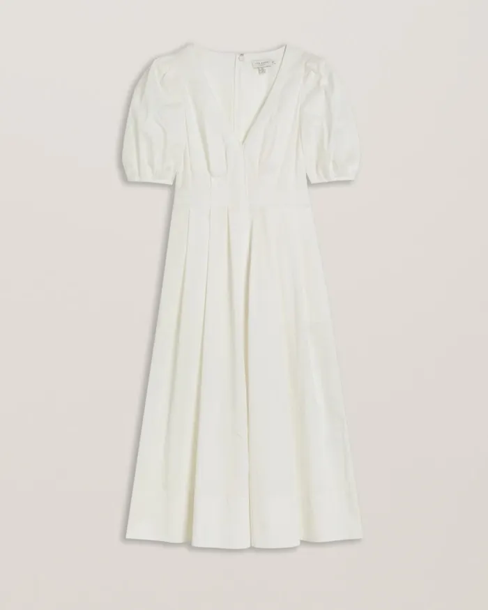 Ted Baker Dresses Women LEDRA 8211 Puff Sleeve Pleated Midi Dress White