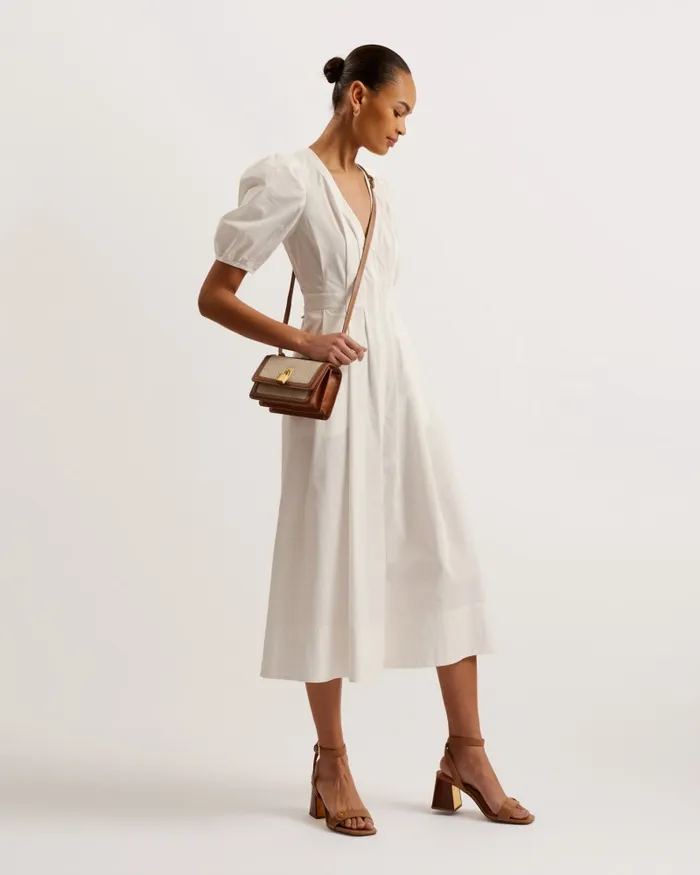 Ted Baker Dresses Women LEDRA 8211 Puff Sleeve Pleated Midi Dress White Ted Baker Dresses Women LEDRA 8211 Puff Sleeve Pleated Midi Dress White