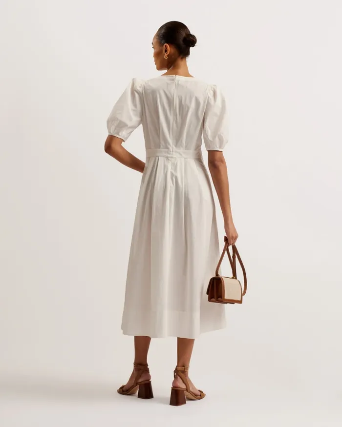 Ted Baker Dresses Women LEDRA 8211 Puff Sleeve Pleated Midi Dress White Ted Baker Dresses Women LEDRA 8211 Puff Sleeve Pleated Midi Dress White