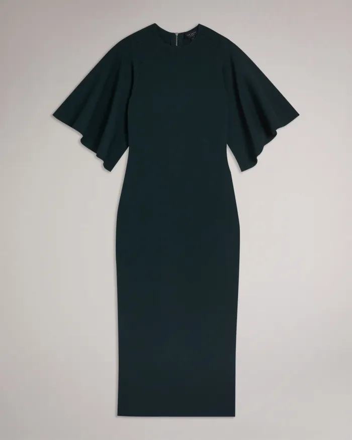 Ted Baker Dresses Women LOUNIA 8211 Fluted Sleeve Knitted Bodycon Midi Dress Dark Green