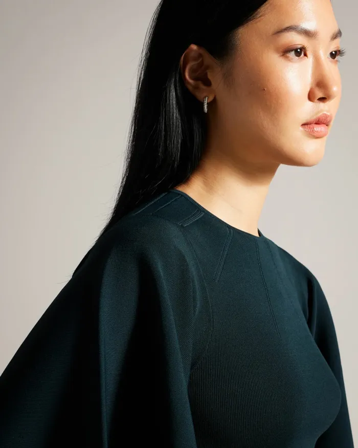 Ted Baker Dresses Women LOUNIA 8211 Fluted Sleeve Knitted Bodycon Midi Dress Dark Green