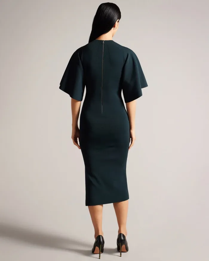 Ted Baker Dresses Women LOUNIA 8211 Fluted Sleeve Knitted Bodycon Midi Dress Dark Green