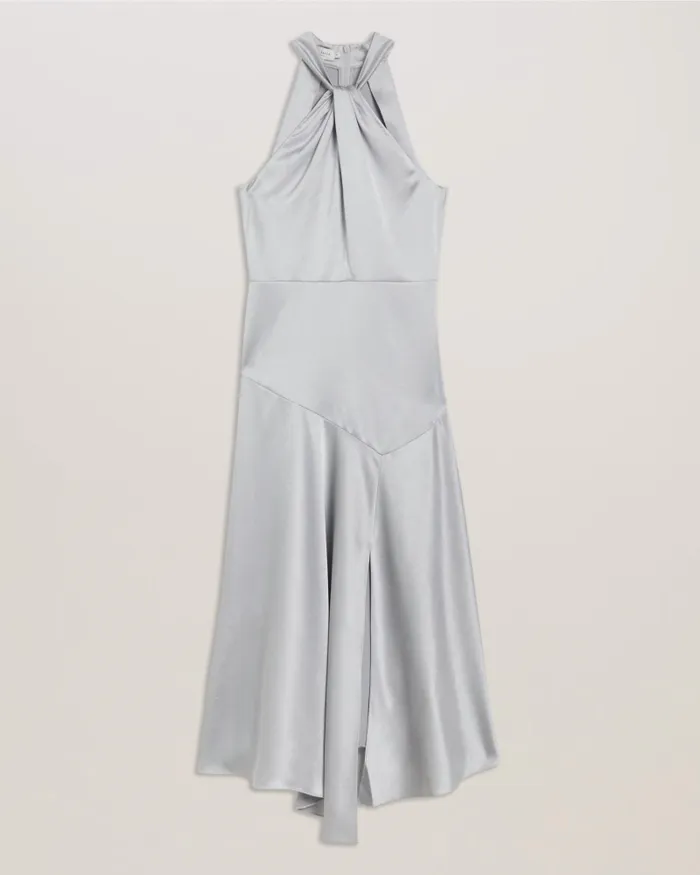 Ted Baker Dresses Women MASAE 8211 Twist Neck Satin Asymmetric Midi Dress Light Grey