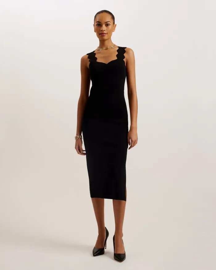 Ted Baker Dresses Women SHARMAY 8211 Scallop Detail Midi Knit Dress Black Ted Baker Dresses Women SHARMAY 8211 Scallop Detail Midi Knit Dress Black