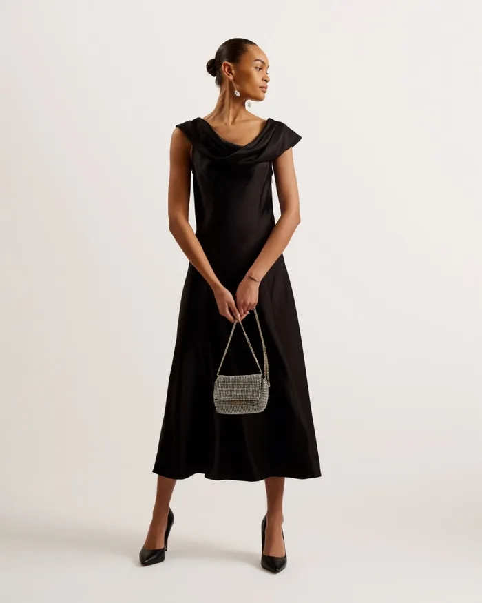 Ted Baker Dresses Women SIRINNA 8211 Draped Neck Satin Midi Dress Black Ted Baker Dresses Women SIRINNA 8211 Draped Neck Satin Midi Dress Black