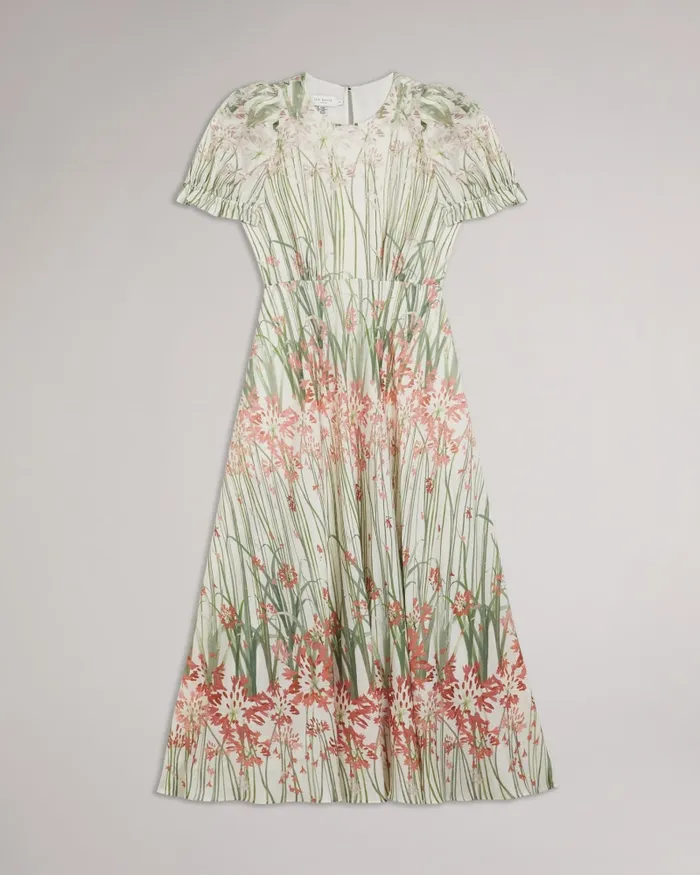 Ted Baker Dresses Women ZAHRRIA 8211 Floral Midi Dress With Puff Sleeves Ivory