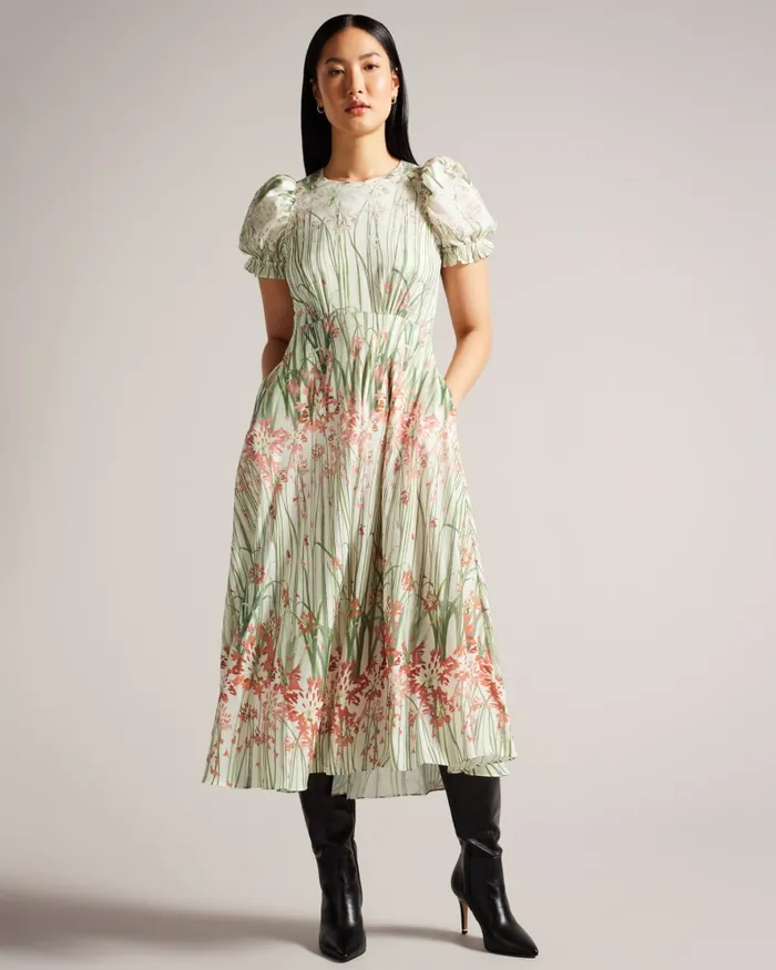 Ted Baker Dresses Women ZAHRRIA 8211 Floral Midi Dress With Puff Sleeves Ivory Ted Baker Dresses Women ZAHRRIA 8211 Floral Midi Dress With Puff Sleeves Ivory