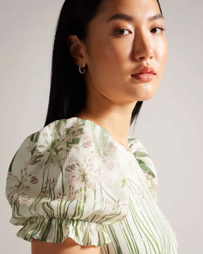Ted Baker Dresses Women ZAHRRIA 8211 Floral Midi Dress With Puff Sleeves Ivory Ted Baker Dresses Women ZAHRRIA 8211 Floral Midi Dress With Puff Sleeves Ivory