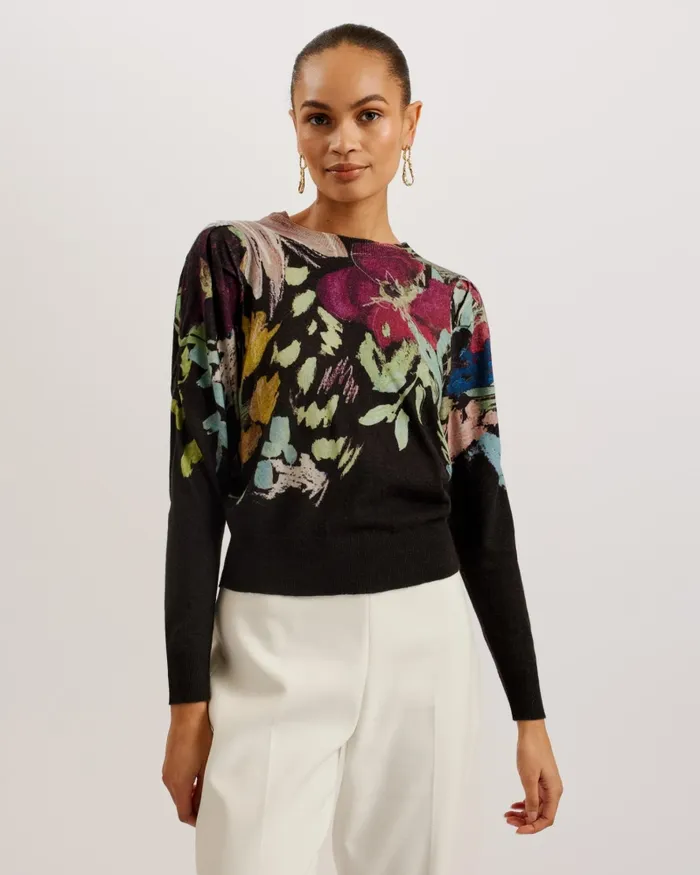 Ted Baker Jumpers and Cardigans Women MAGARIT 8211 Floral Pleated Long Sleeve Sweater Black Ted Baker Jumpers and Cardigans Women MAGARIT 8211 Floral Pleated Long Sleeve Sweater Black