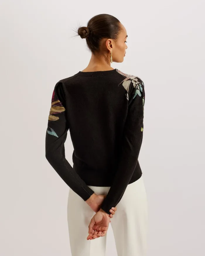 Ted Baker Jumpers and Cardigans Women MAGARIT 8211 Floral Pleated Long Sleeve Sweater Black Ted Baker Jumpers and Cardigans Women MAGARIT 8211 Floral Pleated Long Sleeve Sweater Black