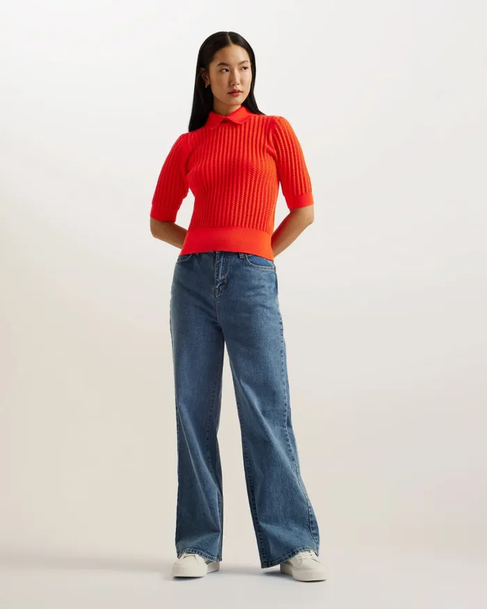 Ted Baker Jumpers and Cardigans Women MORLIEE 8211 Puff Sleeve Knit Top With Collar Red Ted Baker Jumpers and Cardigans Women MORLIEE 8211 Puff Sleeve Knit Top With Collar Red
