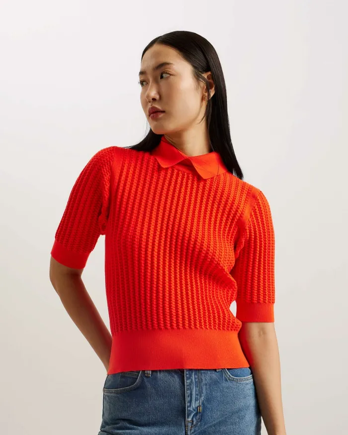 Ted Baker Jumpers and Cardigans Women MORLIEE 8211 Puff Sleeve Knit Top With Collar Red Ted Baker Jumpers and Cardigans Women MORLIEE 8211 Puff Sleeve Knit Top With Collar Red