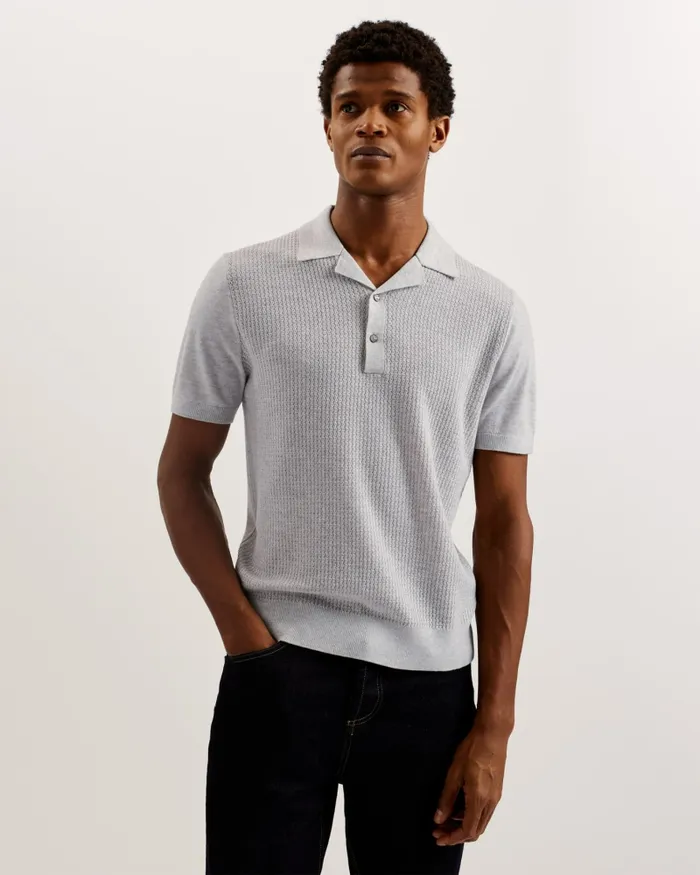 Ted Baker Jumpers and Knitwear Men ADIO 8211 Short Sleeve Textured Polo Shirt Light Grey Ted Baker Jumpers and Knitwear Men ADIO 8211 Short Sleeve Textured Polo Shirt Light Grey