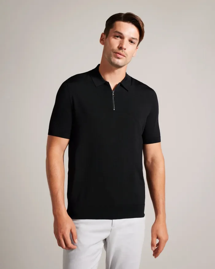Ted Baker Jumpers and Knitwear Men DALDIN 8211 Short Sleeve Rayon Zip Polo Shirt Black Ted Baker Jumpers and Knitwear Men DALDIN 8211 Short Sleeve Rayon Zip Polo Shirt Black