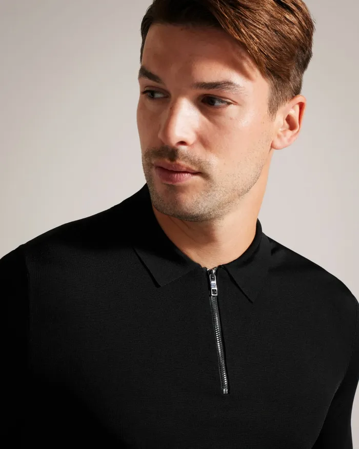 Ted Baker Jumpers and Knitwear Men DALDIN 8211 Short Sleeve Rayon Zip Polo Shirt Black Ted Baker Jumpers and Knitwear Men DALDIN 8211 Short Sleeve Rayon Zip Polo Shirt Black