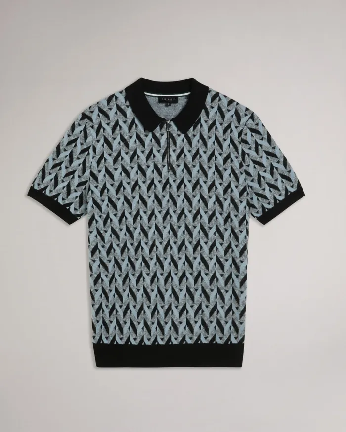 Ted Baker Polo Shirts Men MITFORD 8211 Boucle Jacquard Knit Zip Polo Light Blue