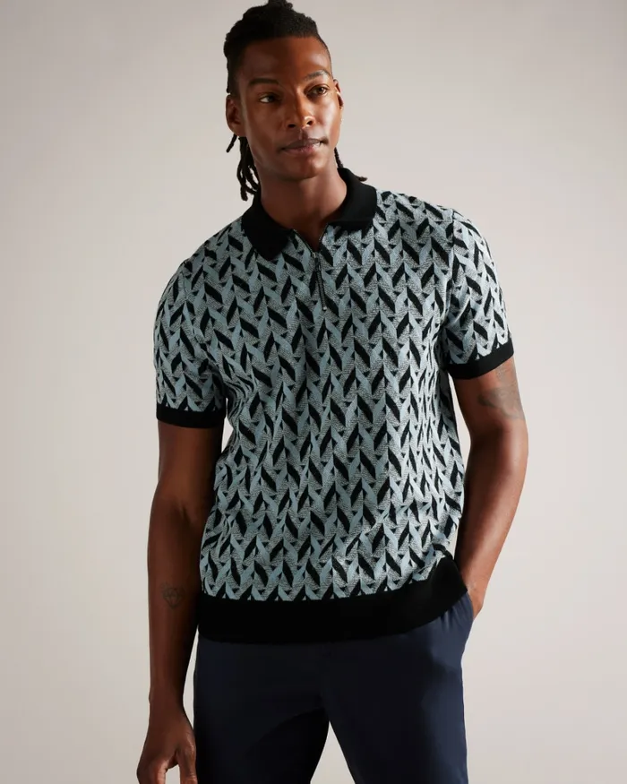 Ted Baker Polo Shirts Men MITFORD 8211 Boucle Jacquard Knit Zip Polo Light Blue Ted Baker Polo Shirts Men MITFORD 8211 Boucle Jacquard Knit Zip Polo Light Blue