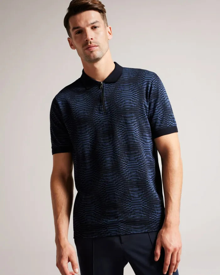 Ted Baker Polo Shirts Men ONO 8211 Short Sleeve Jacquard Spot Polo Shirt Navy