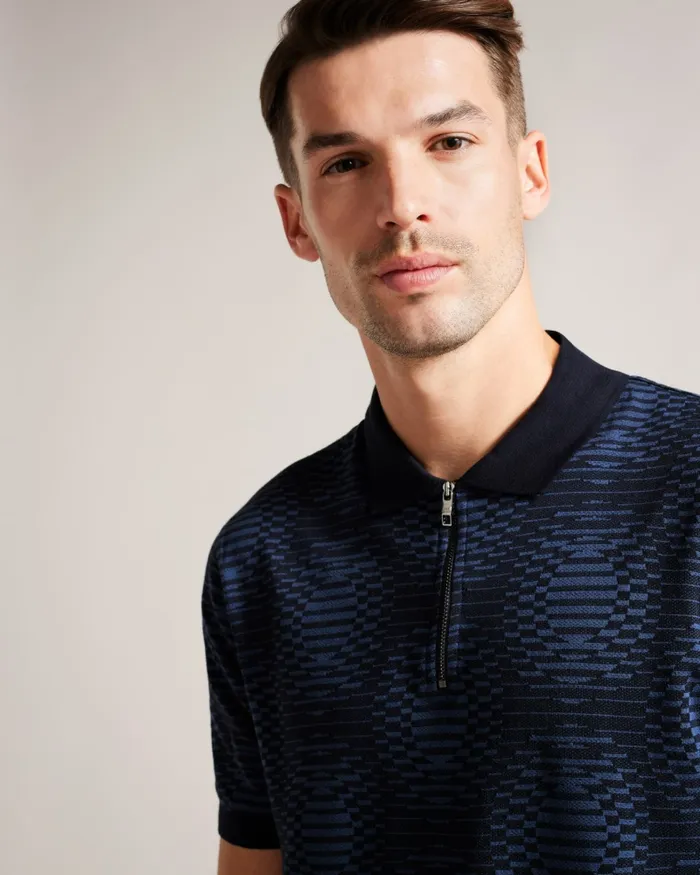 Ted Baker Polo Shirts Men ONO 8211 Short Sleeve Jacquard Spot Polo Shirt Navy