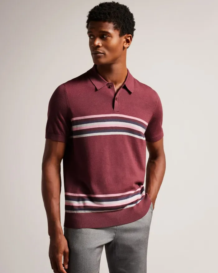 Ted Baker Polo Shirts Men PITAL 8211 Striped Wool Polo Shirt Maroon