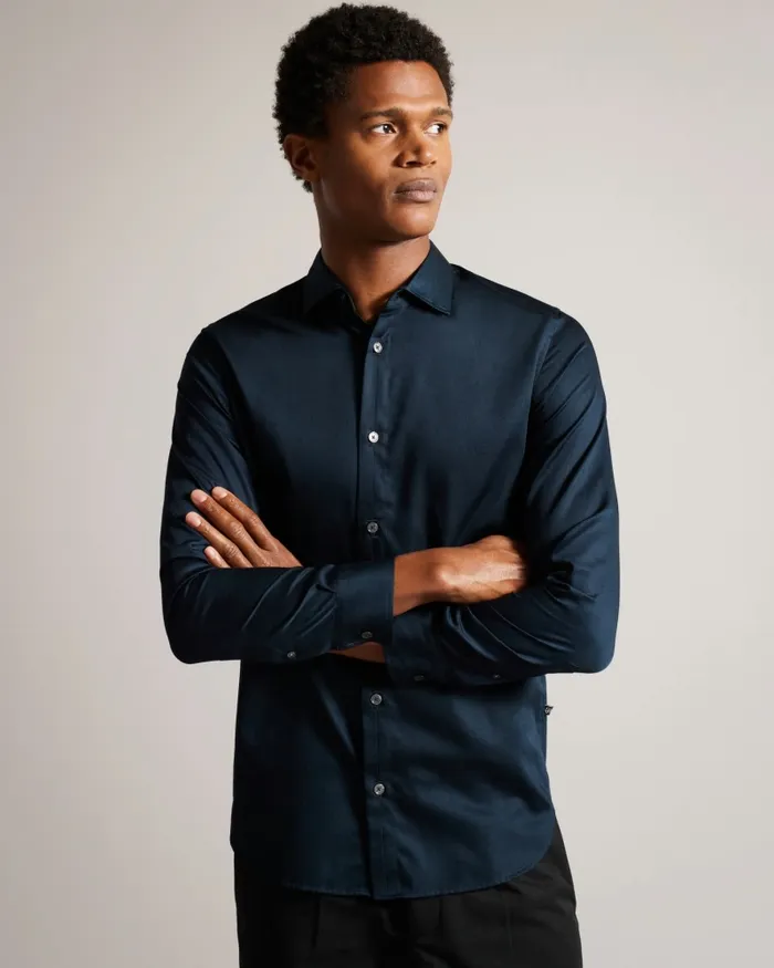 Ted Baker Shirts Men BELLOW 8211 Long Sleeve Satin Stretch Shirt Navy Ted Baker Shirts Men BELLOW 8211 Long Sleeve Satin Stretch Shirt Navy