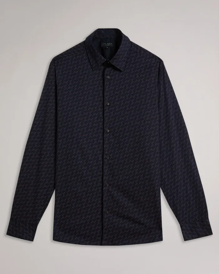 Ted Baker Shirts Men MATLOCK 8211 Long Sleeve Geometric Moth Print Shirt Navy