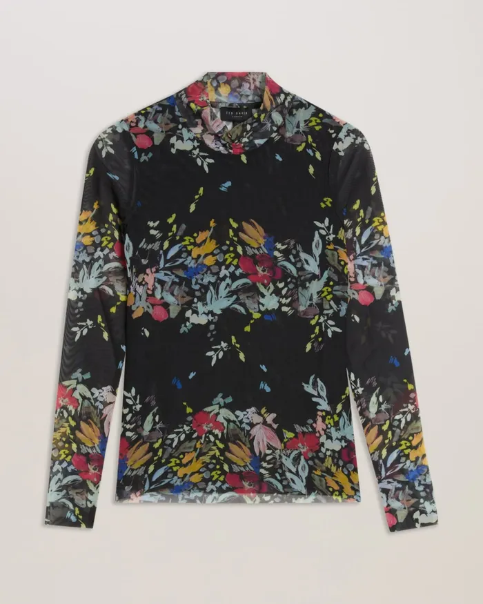 Ted Baker Tops and Blouses Women AMANDHA 8211 Printed Mesh Top With Sheer Back Black