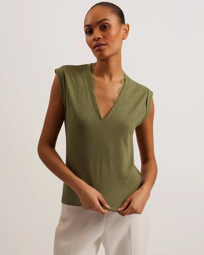 Ted Baker Tops and Blouses Women EFFIY 8211 VNeck Vest With Lace Neckline Khaki Ted Baker Tops and Blouses Women EFFIY 8211 VNeck Vest With Lace Neckline Khaki