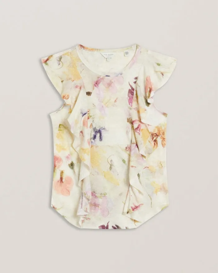 Ted Baker Tops and Blouses Women MARETAA 8211 Frill Trim Floral Cotton Linen Top White