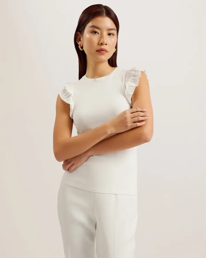 Ted Baker Tops and Blouses Women MARHLOU 8211 Frill Shoulder Ribbed Fitted Top Ivory Ted Baker Tops and Blouses Women MARHLOU 8211 Frill Shoulder Ribbed Fitted Top Ivory