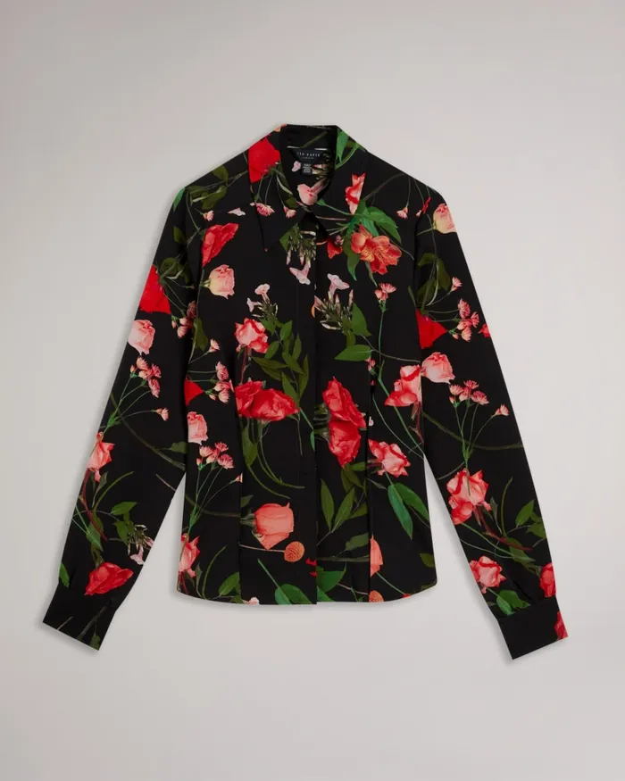 Ted Baker Tops and Blouses Women MEGGHA 8211 Floral Satin Shirt With Exposed Seams Black